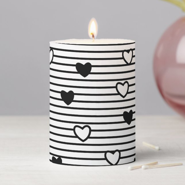 Valentines Day Hearts Black White Stripes Pattern  Pillar Candle (In Situ)