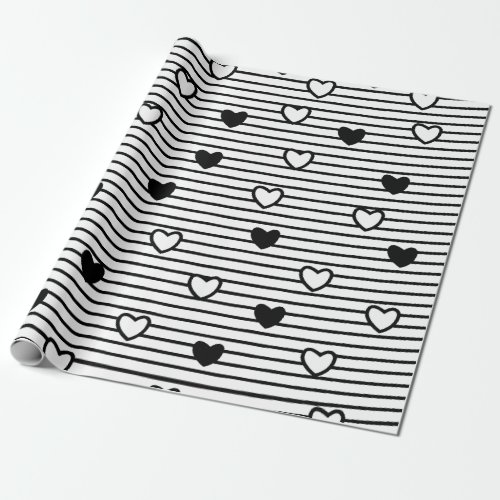 Valentines Day Hearts Black White Stripes Pattern Wrapping Paper