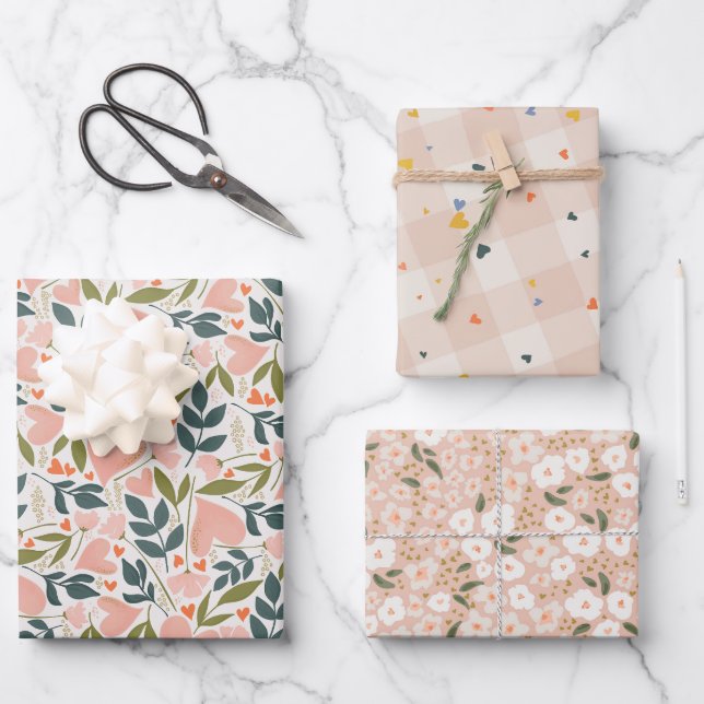 Valentines Day Hearts Botanical Floral Plaid  Wrapping Paper Sheets (Front)