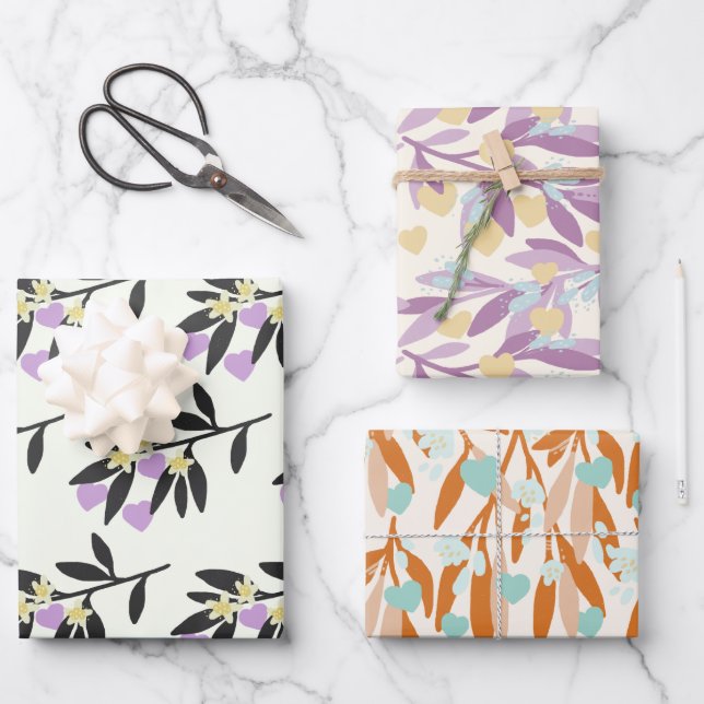 Valentines Day Hearts Branches Flowers Love Pastel Wrapping Paper Sheets (Front)