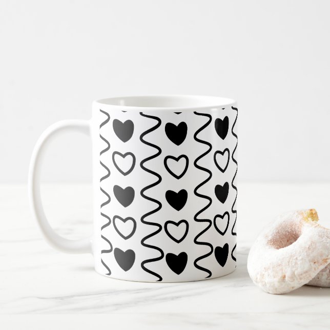 Valentines Day Hearts Chevron Black White Pattern Coffee Mug (With Donut)