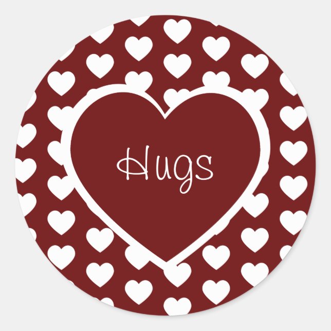 Valentine's Day Hearts Hugs Dark Red Classic Round Sticker (Front)