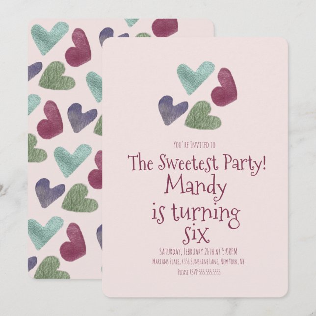 Valentines Day Hearts Metallic Birthday Party Invitation (Front/Back)