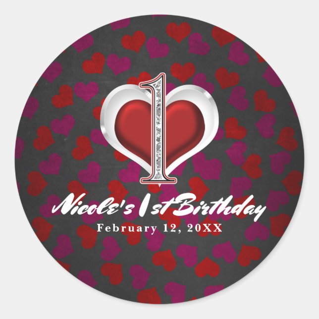 Valentine's Day Hearts One 1st Birthday Party Classic Round Sticker (Front)