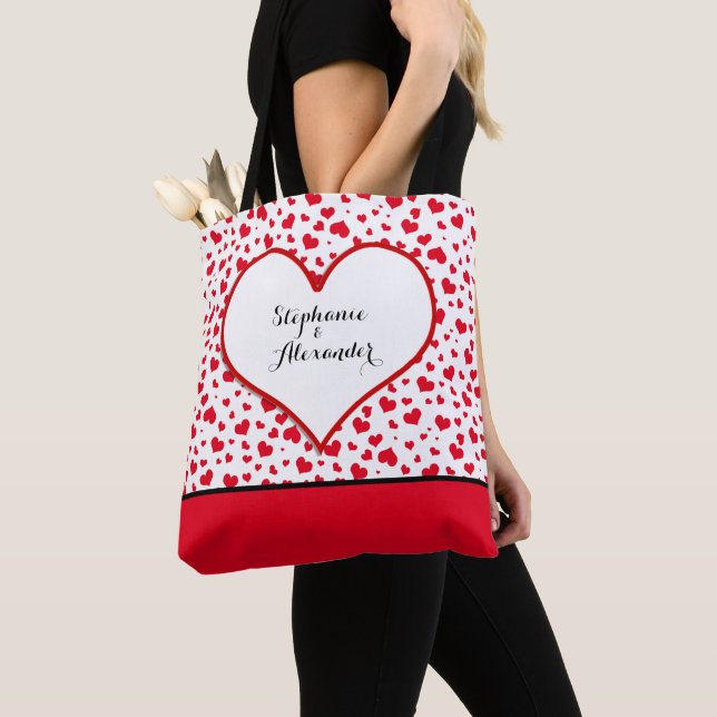 Valentine's Day Hearts Pattern Love Couple Names Tote Bag (Close Up)