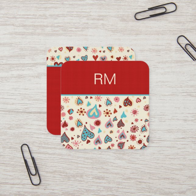 Valentines Day Hearts Pattern-Template Square Business Card (Front/Back In Situ)