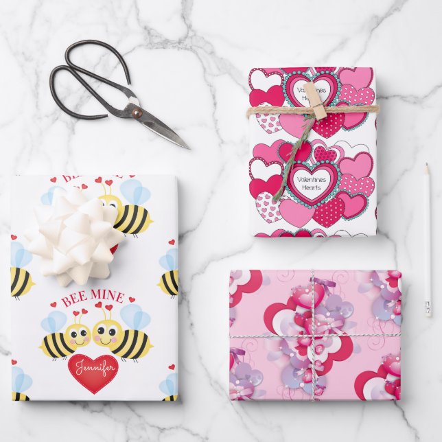 Valentine's Day Hearts Personalize Name Bee Mine Wrapping Paper Sheets (Front)