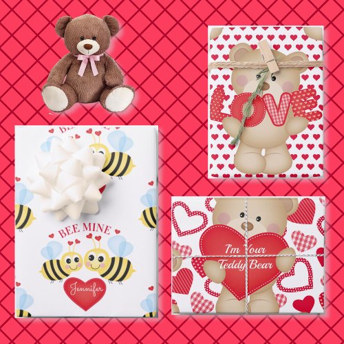 Valentines Day Hearts Personalize Name Teddy Bear Wrapping Paper Sheets
