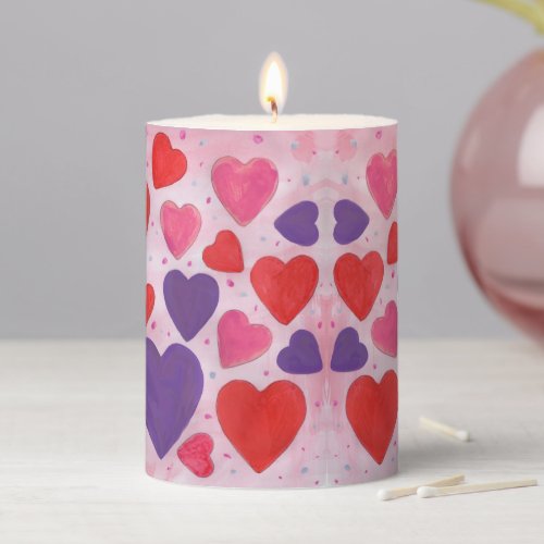 Valentines Day Hearts Pink Purple and Red Pattern Pillar Candle