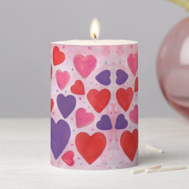 Valentines Day Hearts Pink Purple and Red Pattern Pillar Candle (In Situ)