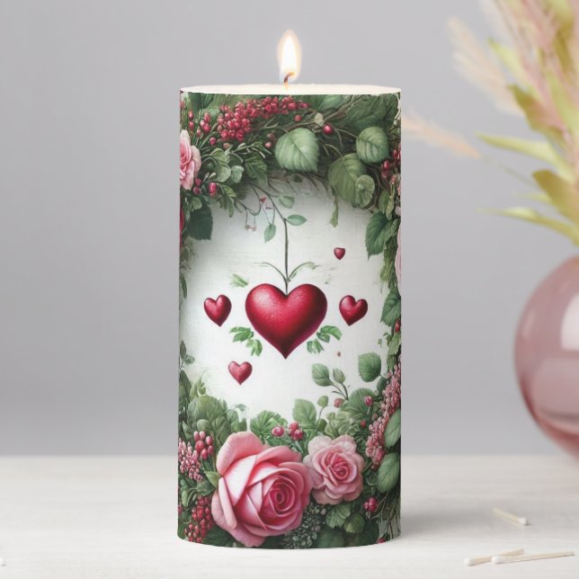 Valentines' Day Hearts Rose Floral  Pillar Candle (In Situ)