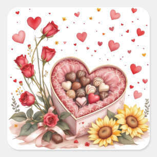 Valentine's Day Hearts, Roses and Chocolates Square Sticker