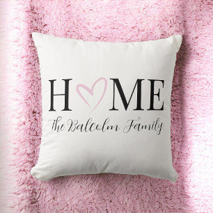 Valentine's Day Home Pink Heart Family Name Throw Pillow