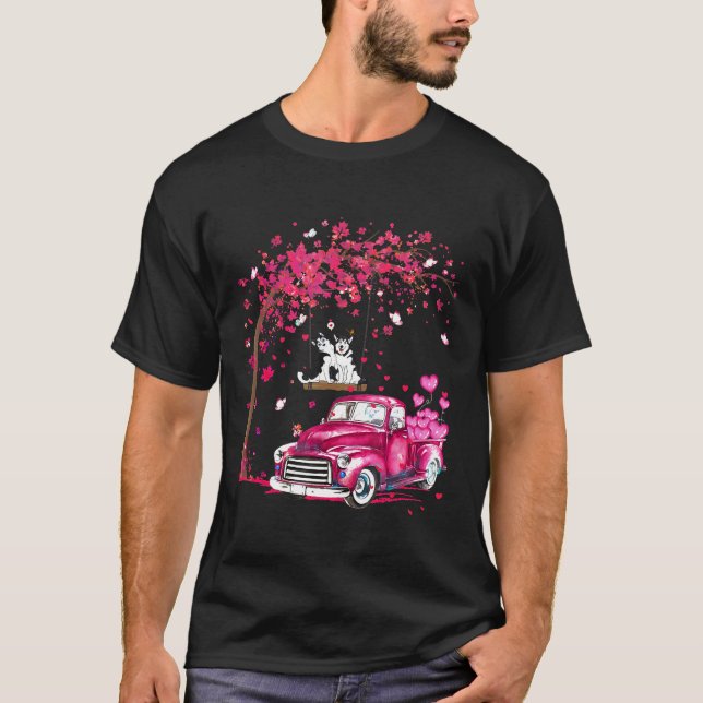 Valentines Day Huskies Under The Tree Hearts T-Shirt (Front)