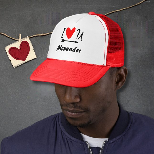Valentines Day "I Love You" Red Heart Design Name Trucker Hat (Creator Uploaded)