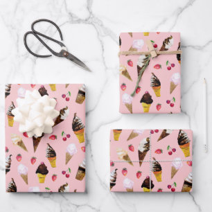 Valentine's Day Ice Cream Hand-Drawn Watercolor Wrapping Paper Sheets