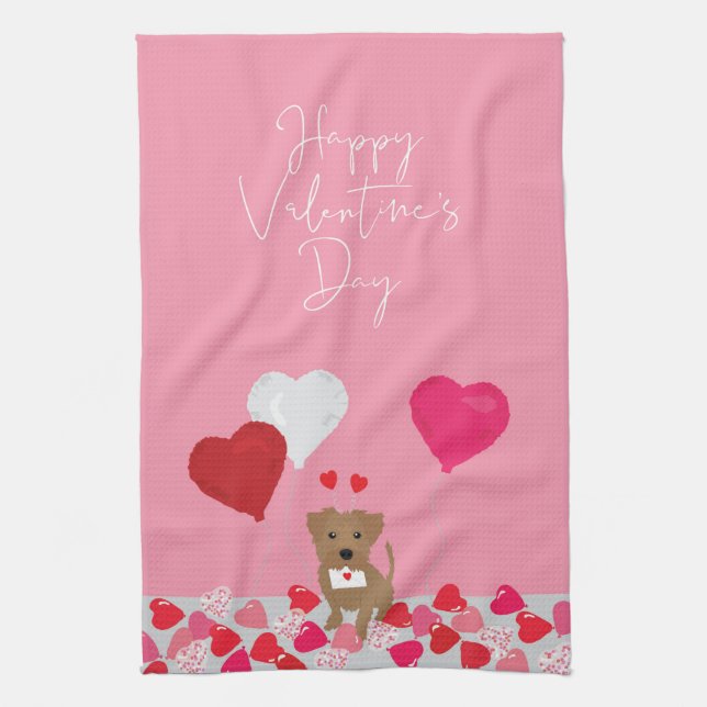 Valentines Day Illustrated Dog with Heart Balloons Kitchen Towel (Vertical)