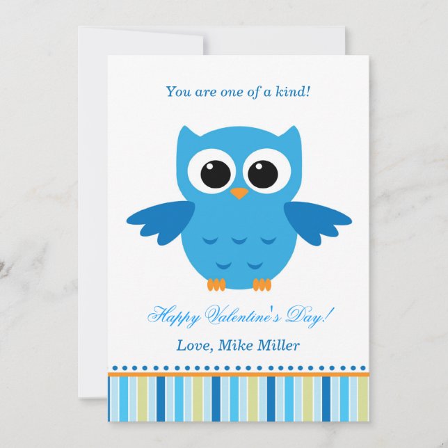 Valentines Day Kid Owl Blue Greeting Card (Front)