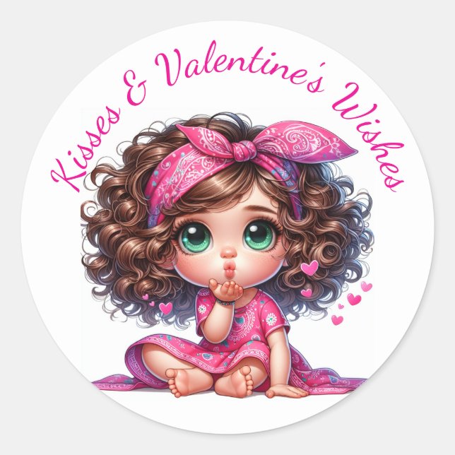 Valentine's Day Kisses & Wishes Cute Hearts Pink Classic Round Sticker (Front)