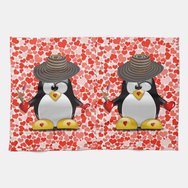 Valentine's Day Kitchen hand towel, Penguin Kitchen Towel (Horizontal)
