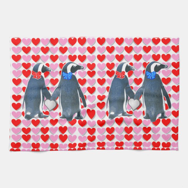 Valentine's Day Kitchen hand towel, Penguin Towel (Horizontal)