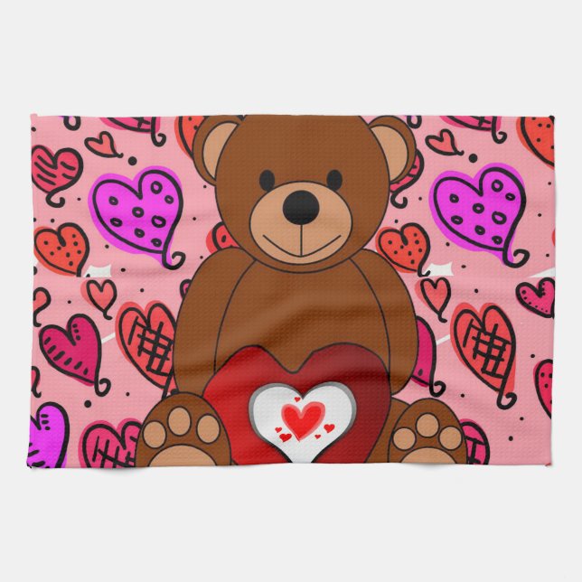 Valentine's Day Kitchen hand towel, Teddy Bear Towel (Horizontal)