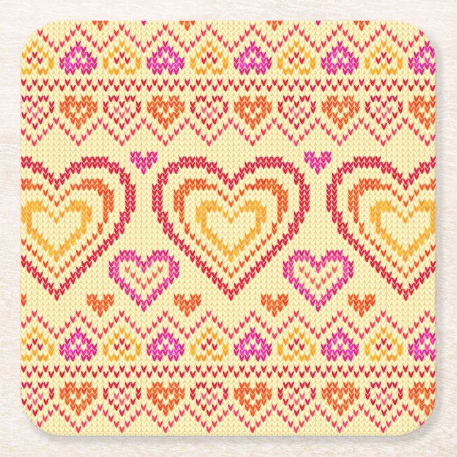 Valentine's Day Knitted Pattern Square Paper Coaster (Front)
