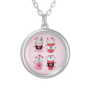 Valentines Day Latte Coffee Lover Silver Plated Necklace