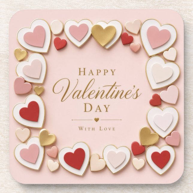 Valentines Day Layered Heart Frame Border Beverage Coaster (Front)
