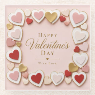 Valentines Day Layered Heart Frame Border Glass Coaster
