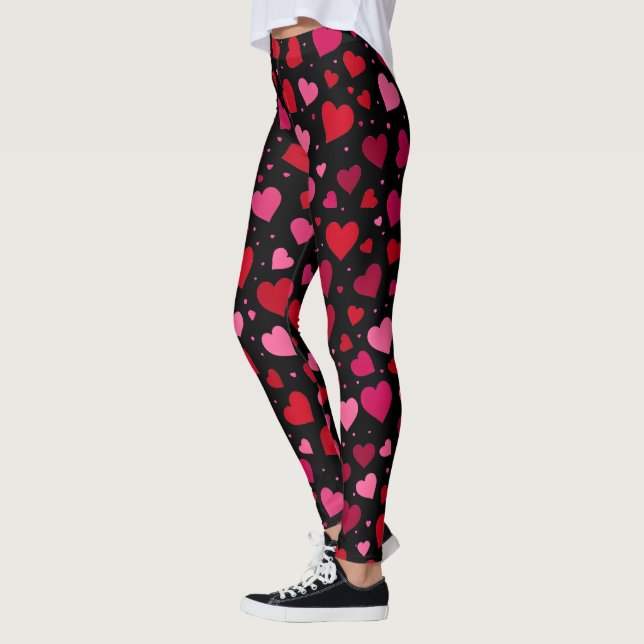 Valentine's Day Leggings, Pink & Red Hearts Black  Leggings (Left)