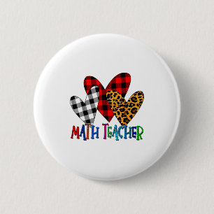 Valentines Day Leopard Math Teacher Buffalo Plaid Button
