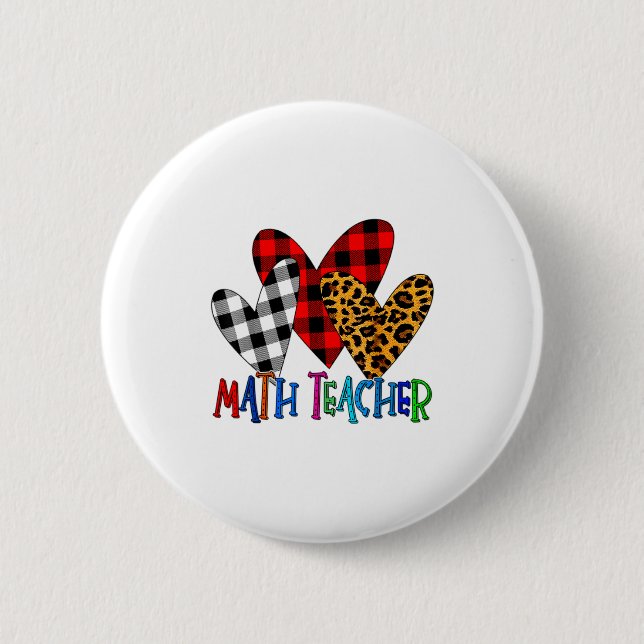 Valentines Day Leopard Math Teacher Buffalo Plaid  Button (Front)