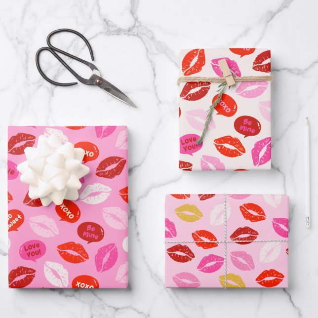 Valentine's Day Lips with text pink red white Wrapping Paper Sheets (Front)