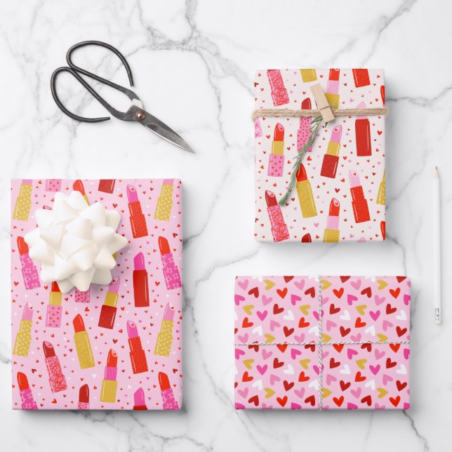Valentine's Day Lipsticks and Hearts Wrapping Paper Sheets (Front)