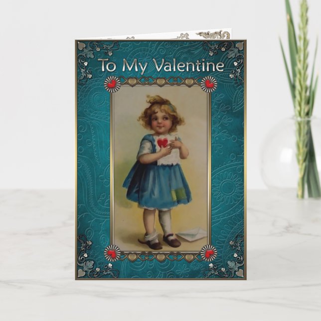 Valentine's Day. Little girl in blue with a letter Holiday Card (Front)