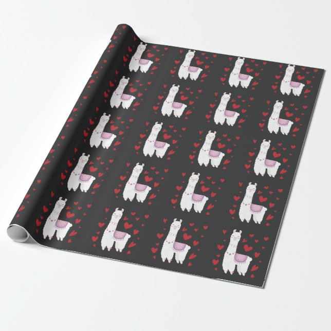 Valentines Day Llama Alpaca Hearts Girl Boy Kids Wrapping Paper (Unrolled)