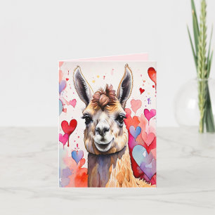 Valentine's Day Llama Watercolor Hearts Two-Tone Holiday Card