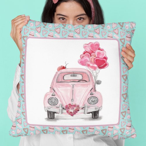 Valentines Day Love Bug Cute Car Throw Pillow