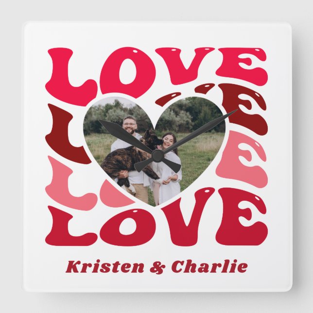 Valentine's Day Love Custom Couple Photo Square Wall Clock (Front)