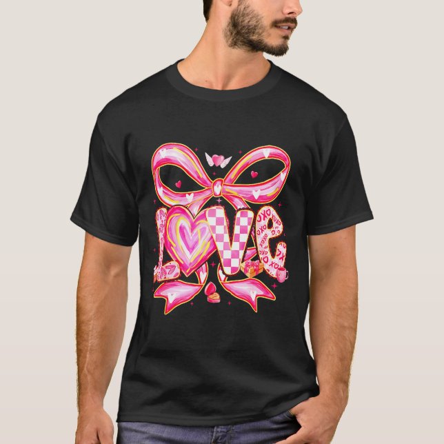 Valentines Day Love Funny Coquette Bow Checkered X T-Shirt (Front)