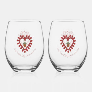 Valentines Day Love Heart Acorn 3rd Anniversary Stemless Wine Glass