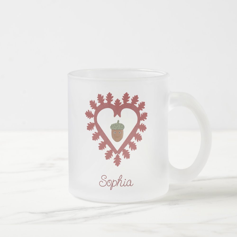 Valentines Day Love Heart Acorn Custom Name Frosted Glass Coffee Mug