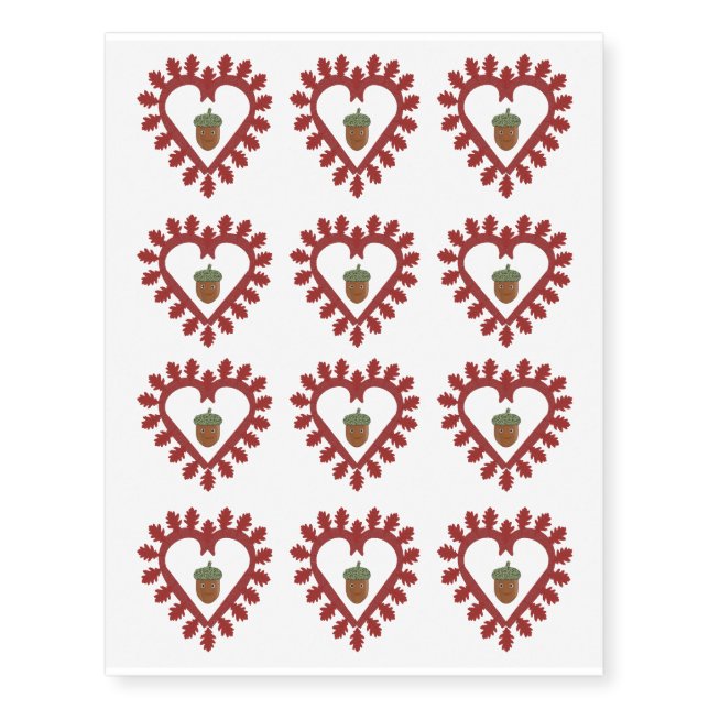 Valentines Day Love Heart Acorn Temporary Tattoos (Front)