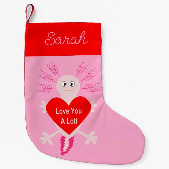 Valentines Day Love Heart Axolotl Custom Name Small Christmas Stocking (Front)