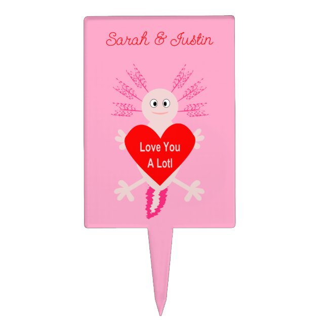 Valentines Day Love Heart Axolotl Custom Names Cake Topper (Front)