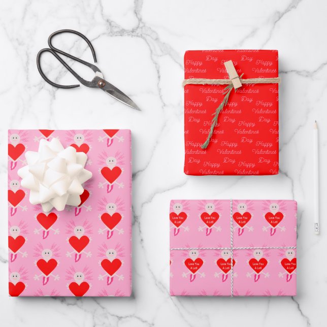 Valentines Day Love Heart Axolotl Custom Wrapping Paper Sheets (Front)
