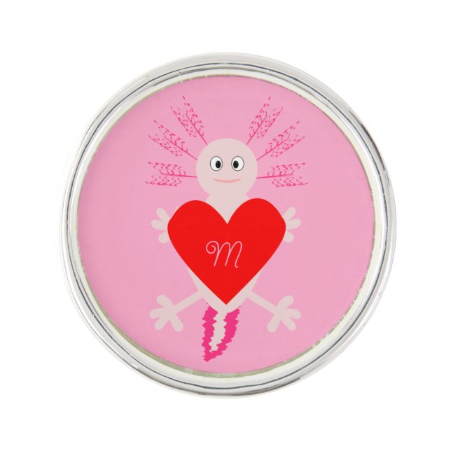 Valentines Day Love Heart Axolotl Monogram Custom Lapel Pin (Front)