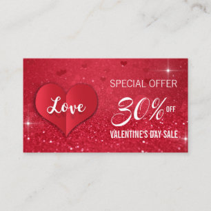 Valentine's Day Love Heart Red Glitter Discount Card