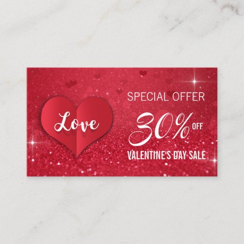 Valentines Day Love Heart Red Glitter Discount Card
